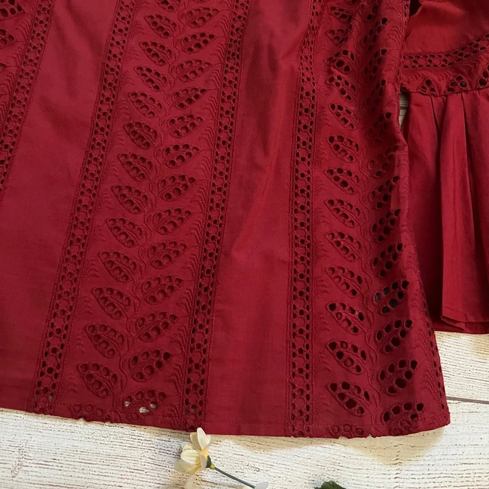 EXPRESS Eyelet Flare Pleated Bell Sleeve Top - Picture 7 of 15